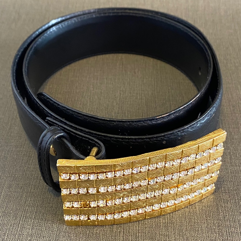 Creaciones Grau Womens Black Leather Belt Gold Tone Crystal Buckle Size L